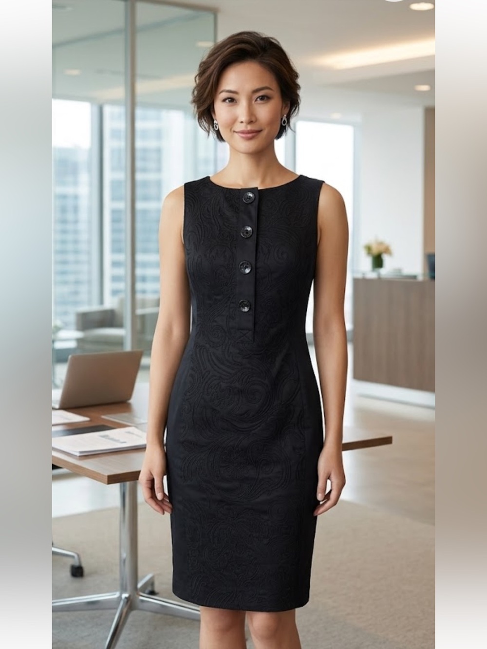 Karen Millen US 2 Black Embroidered Sleeveless Pencil Dress